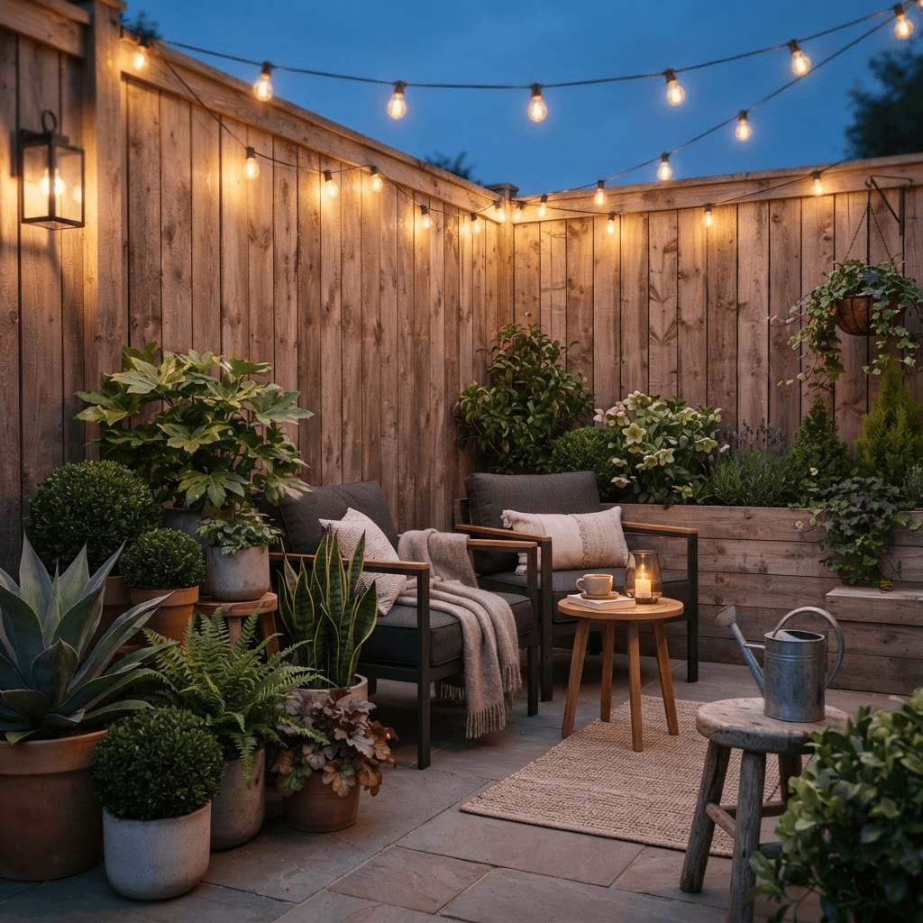 A cozy small patio with clustered container plants, raised planters, and string lights