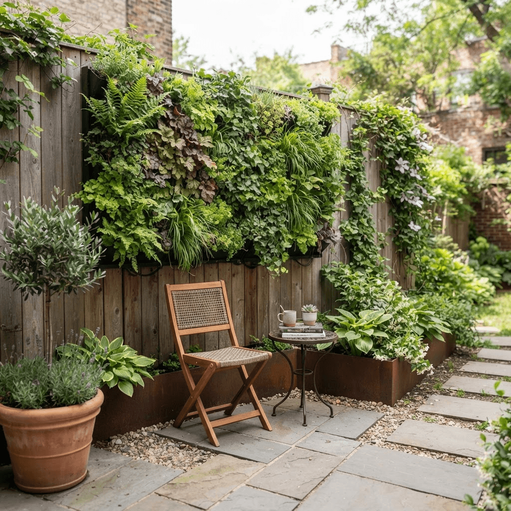 A vertical living wall of low-maintenance plants above a compact paved seating nook