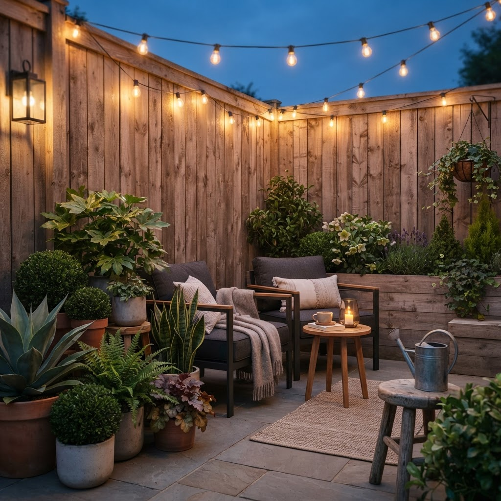 A cozy small patio with clustered container plants, raised planters, and string lights