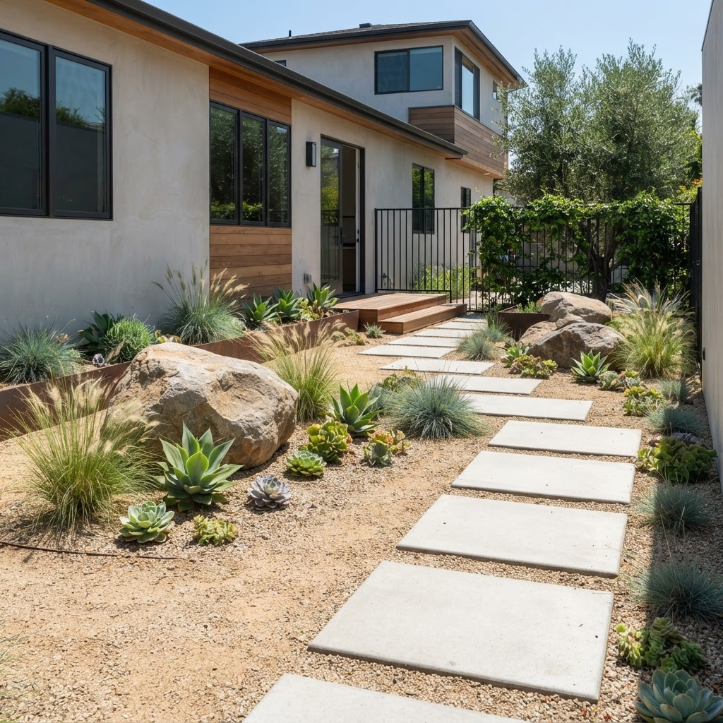 A modern small gravel garden with ornamental grasses, succulents, and stepping stones