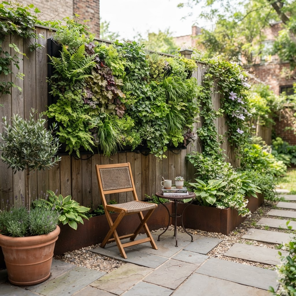 A vertical living wall of low-maintenance plants above a compact paved seating nook