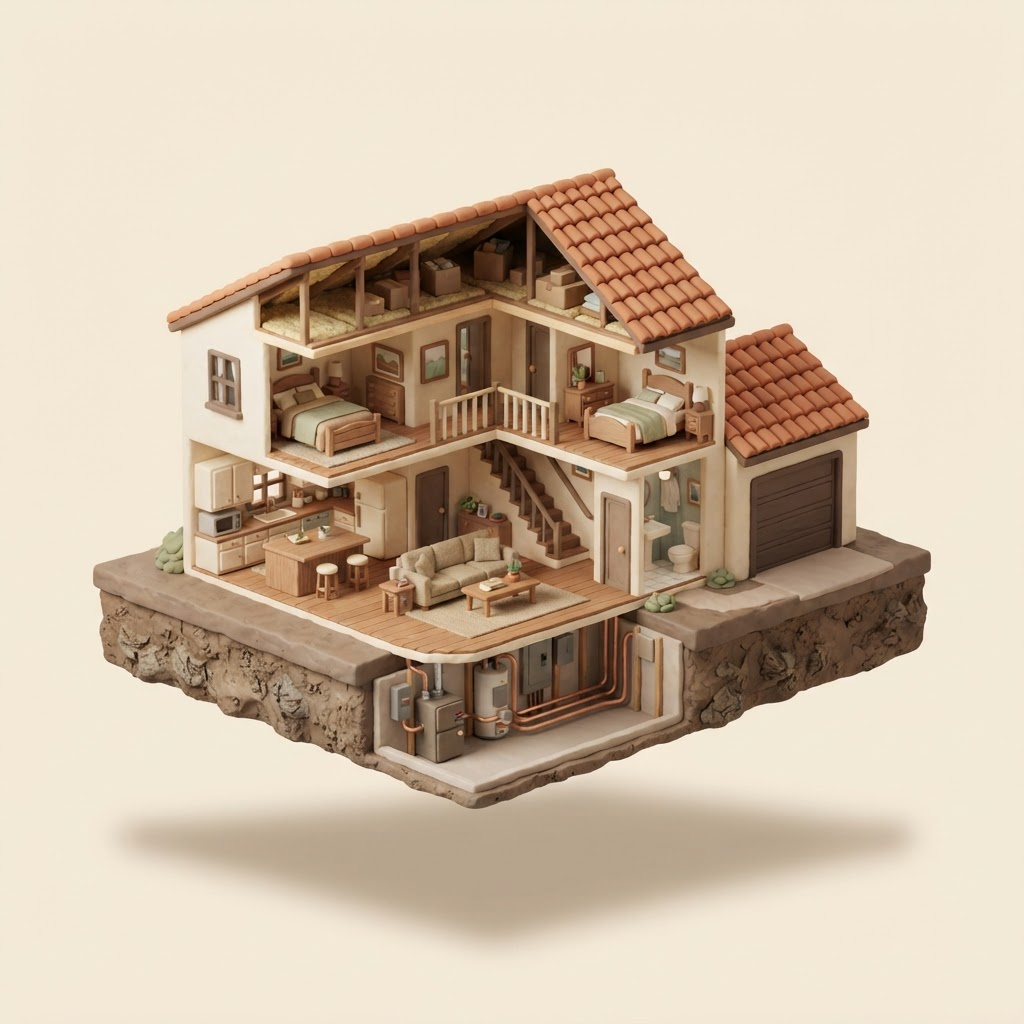 Clay model house, interior cutaway showing rooms and systems